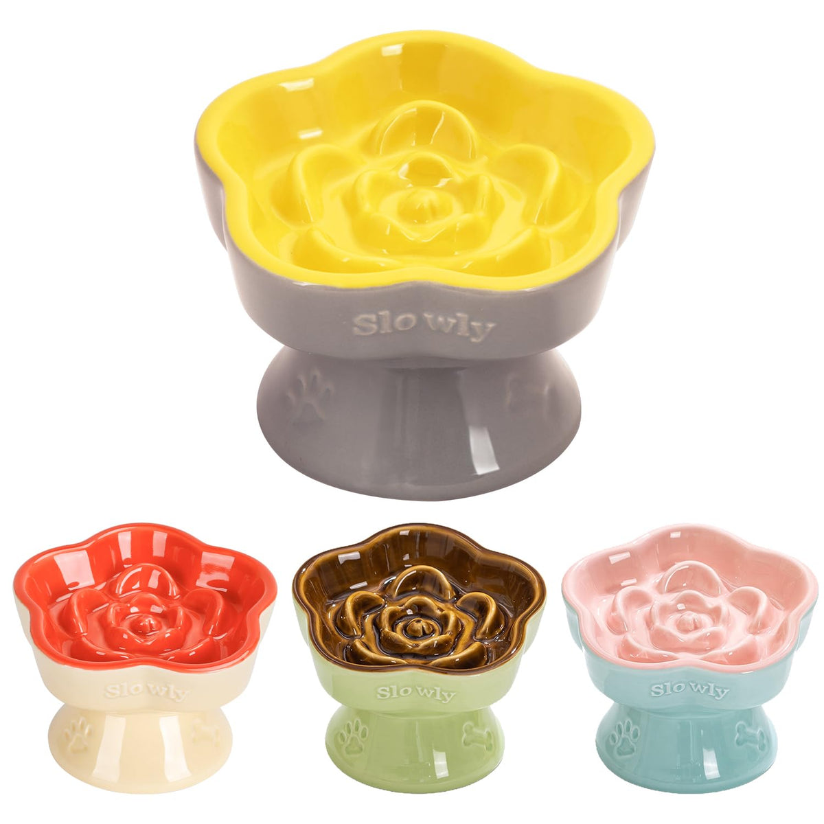 S&Q's CERAMICS Raised Slow Feeder Cat Bowl, Ceramic Elevated and Titled Glass Food Bowl Small Dogs Slow Feeder, Flower Shaped Cute Cat Dish for Dry and Wet Food (Pink, 5.8")