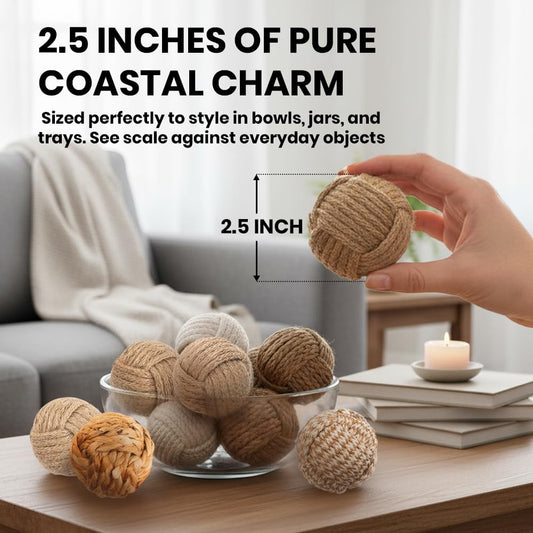 5pc Nautical Rope Balls – 2.5 Inch Each – Handmade Jute and Cotton Decorative Knots – for Rustic Tray Fillers, Wedding Centerpieces, Beach House or Living Room Decor Display