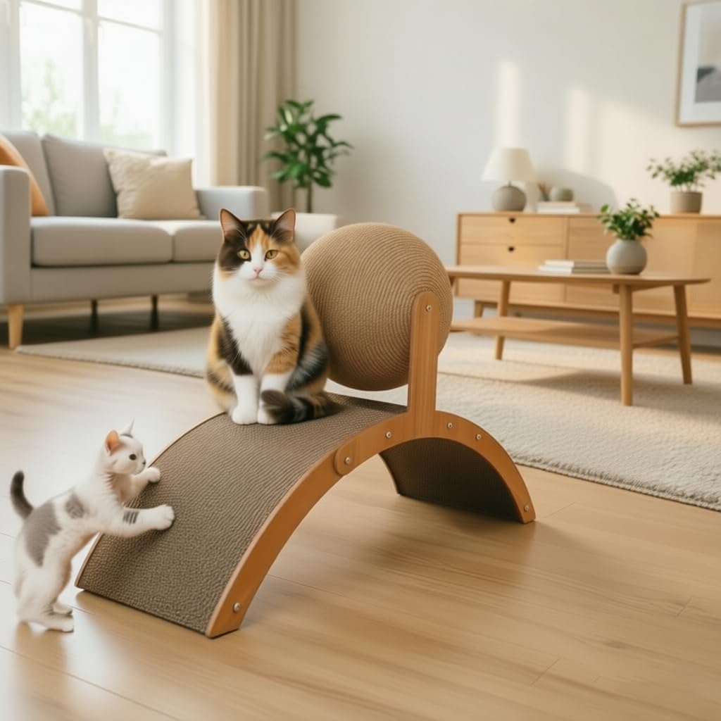 Cat Scratching Ball on Stand: Scratch Pad for Cats with 360° Rotating Sisal Ball - Wobble Ball Cat Scratcher Cat Bridge for Indoor Home Protects Furniture Rugs (1pcs)