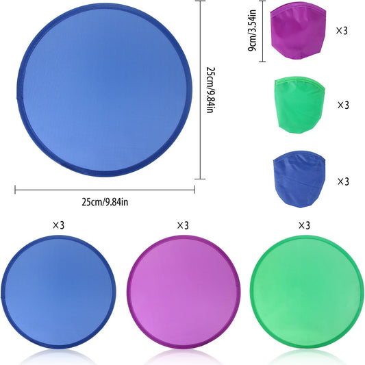 9 Pieces 9.8" Foldable Flying Disc or Fan with Storage Bag Assortment Fans Set Beach Flying Disc for Park Beach Camping(3 Colors)