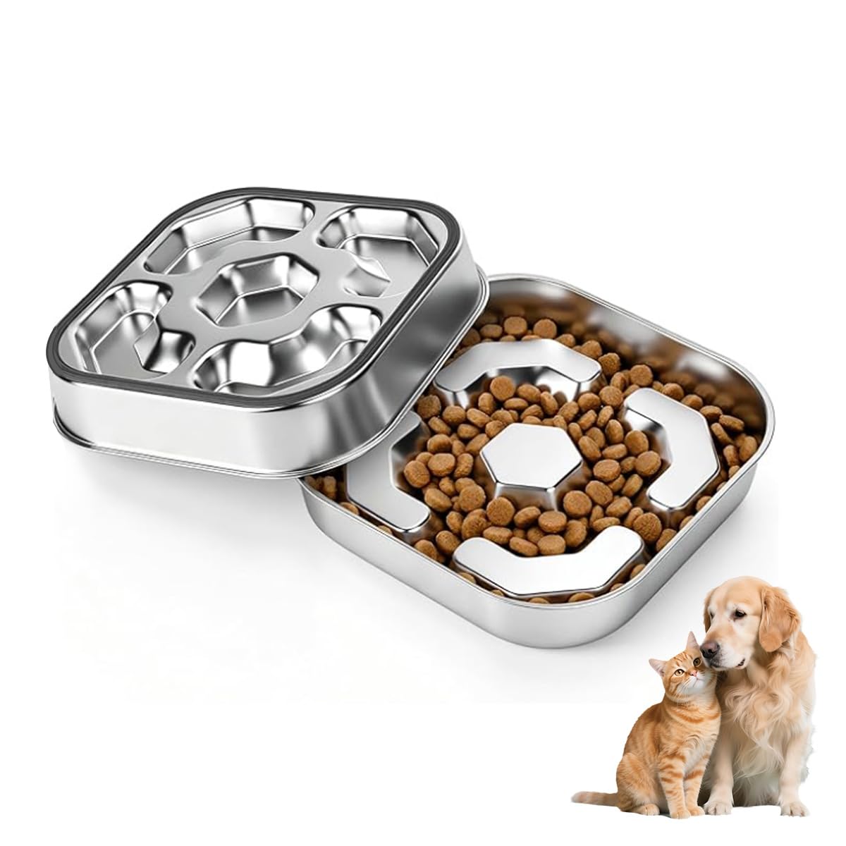 304 Stainless Steel Slow Feeder Dog Bowl, 2-4 Cups Puzzle Metal Pet Dishes
