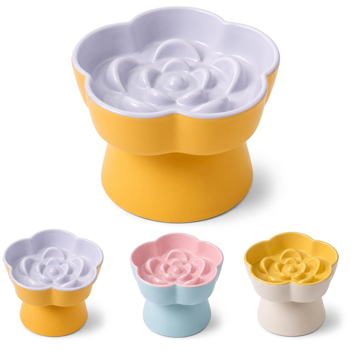 Ceramic Elevated Slow Feeder Cat Bowl, Raised and Gently Tilted Feeding Dish with Maze Design, Whisker-Friendly, Easy to Clean, for Indoor Cats and Small Dogs (Green/Ivory)
