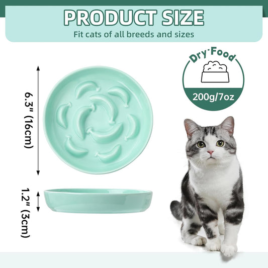 2 Pack Ceramic Cat Slow Feeder Bowl Set, 6.3" Wide, Slow Eating 5X