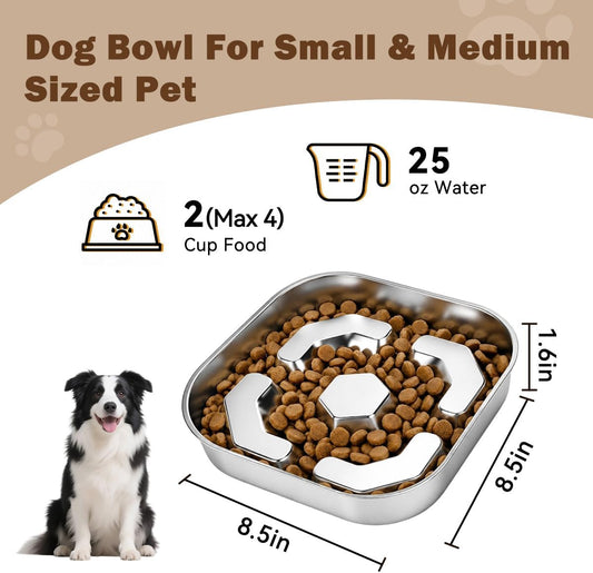 304 Stainless Steel Slow Feeder Dog Bowl, 2-4 Cups Puzzle Metal Pet Dishes