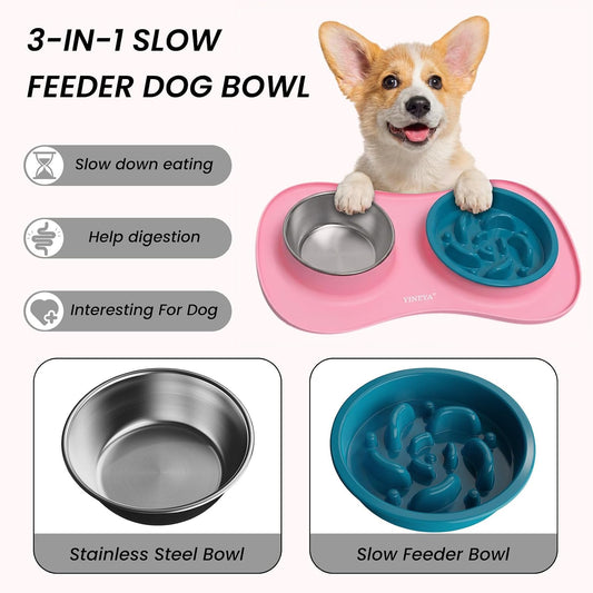 YINEYA 3 in 1 Slow Feeder Dog Bowls,Dog Water Bowl,Cat and Dog Food Bowl