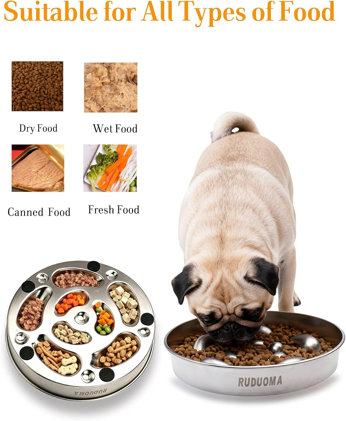 Stainless Steel Slow Feeder Dog Bowls, Flat Faced Short Snout Dogs