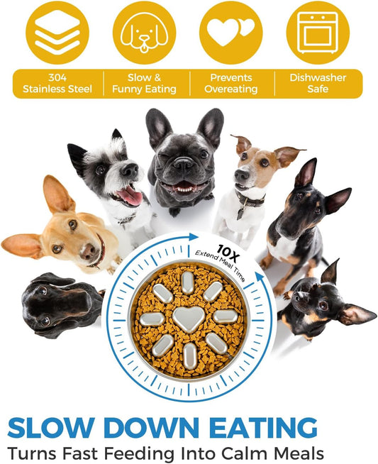 Slow Feeder Dog Bowls with Non-Slip Mat, Stainless Steel Metal Slow Feeder for Small & Medium Dogs, 2 Cups Pet Bowl for Fast Eaters, Slows Down Eating, Dishwasher Safe, Anti-Gulping Dog Bowl