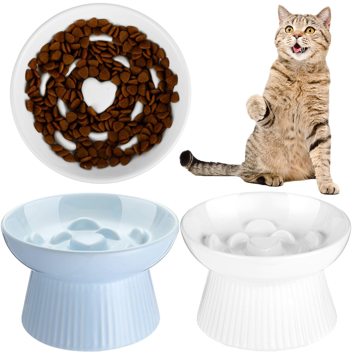 Tioncy 2 Pcs Ceramic Elevated Slow Feeder Cat Bowl, Dark Green