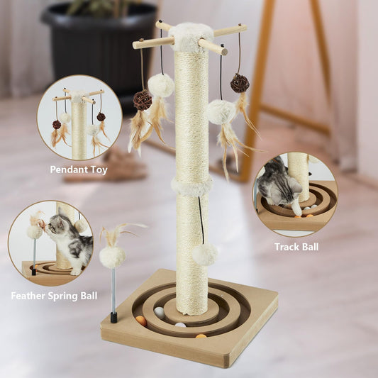 PEEKAB Cat Scratching Post Sisal Scratch Posts for Indoor Cats and Kittens,with Tracking Ball Interactive Toys and Hanging Balls 25 Inches Beige