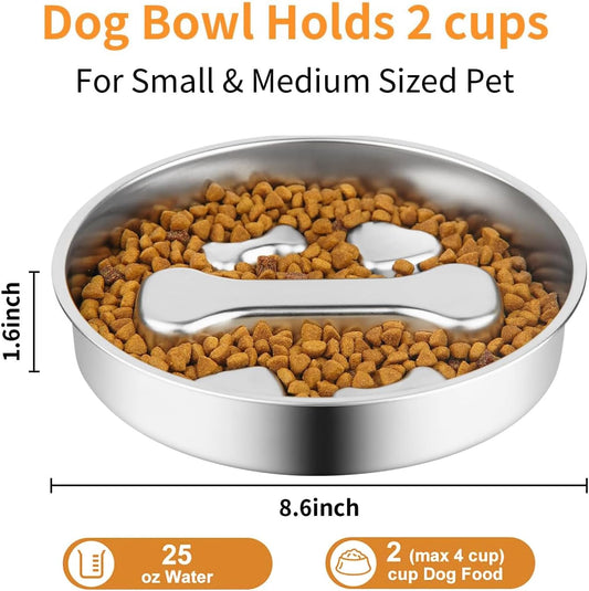 Stainless Steel Slow Feeder Dog Bowls,2 Pcs Slow Food Bowl for Dog & Cat - 2 Cups Capacity,Bone-Shaped Design Pet Food Holder,Metal Non-Slip Lick Plate,Puzzle Maze Dish for Small & Medium Sized Breeds