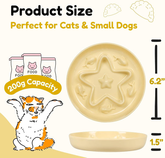 2 Pcs Cat Slow Feeder Bowl – Whisker Friendly Melamine Puzzle Feeding Cat Bowl for Slow Eating – Wet & Dry Food – Dishwasher Safe, Lightweight, Non-Slip (Buttercream + Coral Pink, 6.3'')