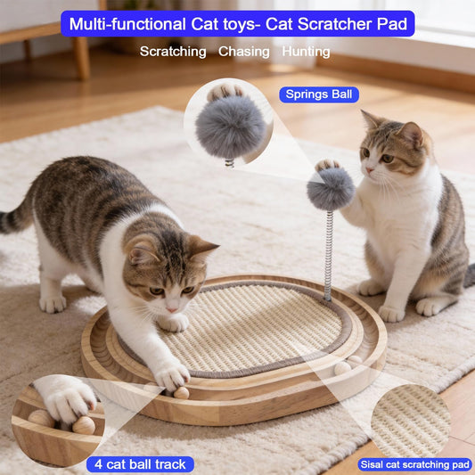 Sisal Cat Scratcher Pad with Wooden Ball Track Toy,Interactive Cat Toys for Kittens & Adult Cats Indoor, Anti-Scratch Furniture Protector for Bored Pet, Cat Enrichment Puzzle