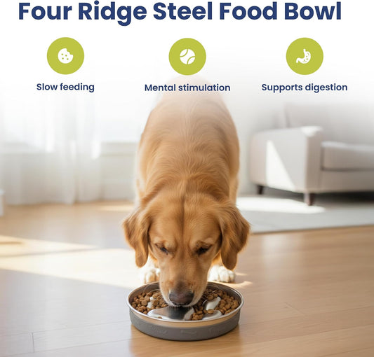 PawsPik 18/8 Stainless Steel Four-Ridge Slow Feeder Dog Bowl