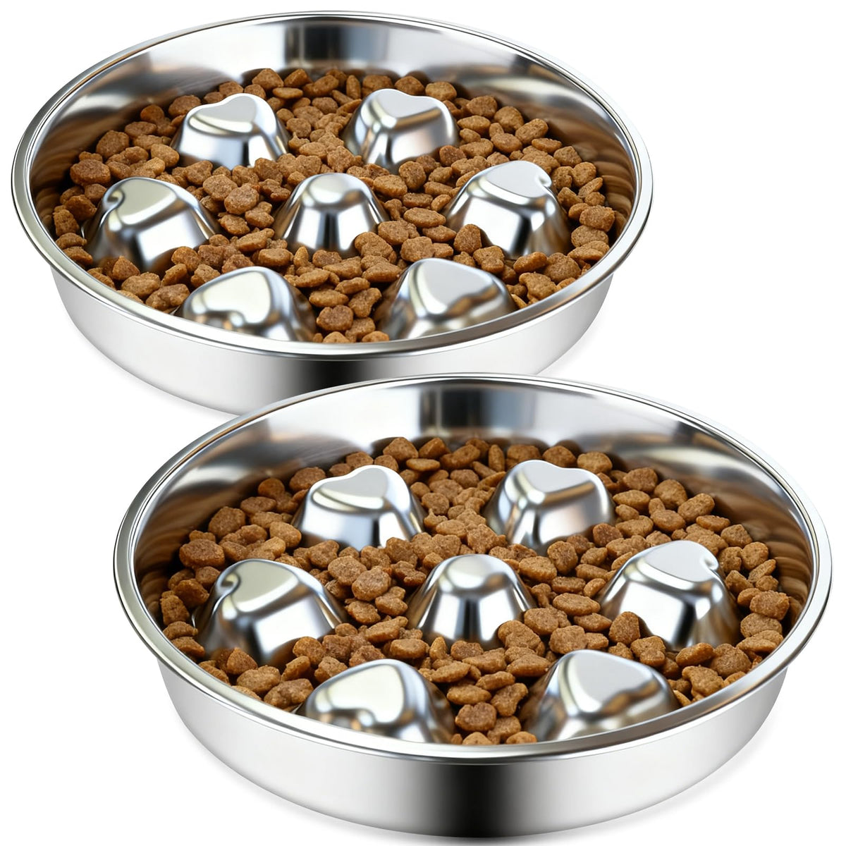 Stainless Steel Slow Feeder Dog Bowls,2 Pcs Slow Food Bowl for Dog & Cat - 2 Cups Capacity,Bone-Shaped Design Pet Food Holder,Metal Non-Slip Lick Plate,Puzzle Maze Dish for Small & Medium Sized Breeds