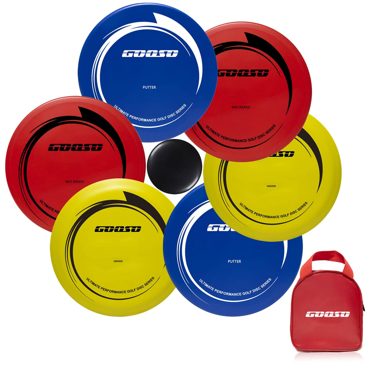 GOOSO Disc Golf Set - Driver, Mid-Range and Putter Discs with Disc Golf Bag for Outdoor and Backyard, Comfortable Plastic, 6 Pack