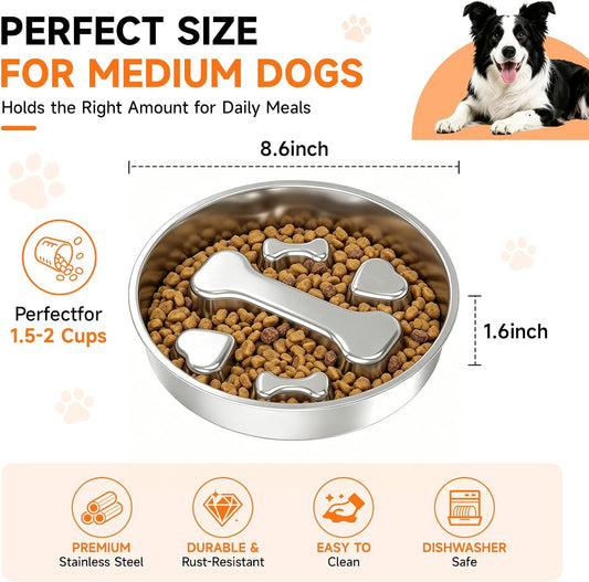 Stainless Steel Slow Feeder Dog Bowl, Non-Slip, 2 Cups