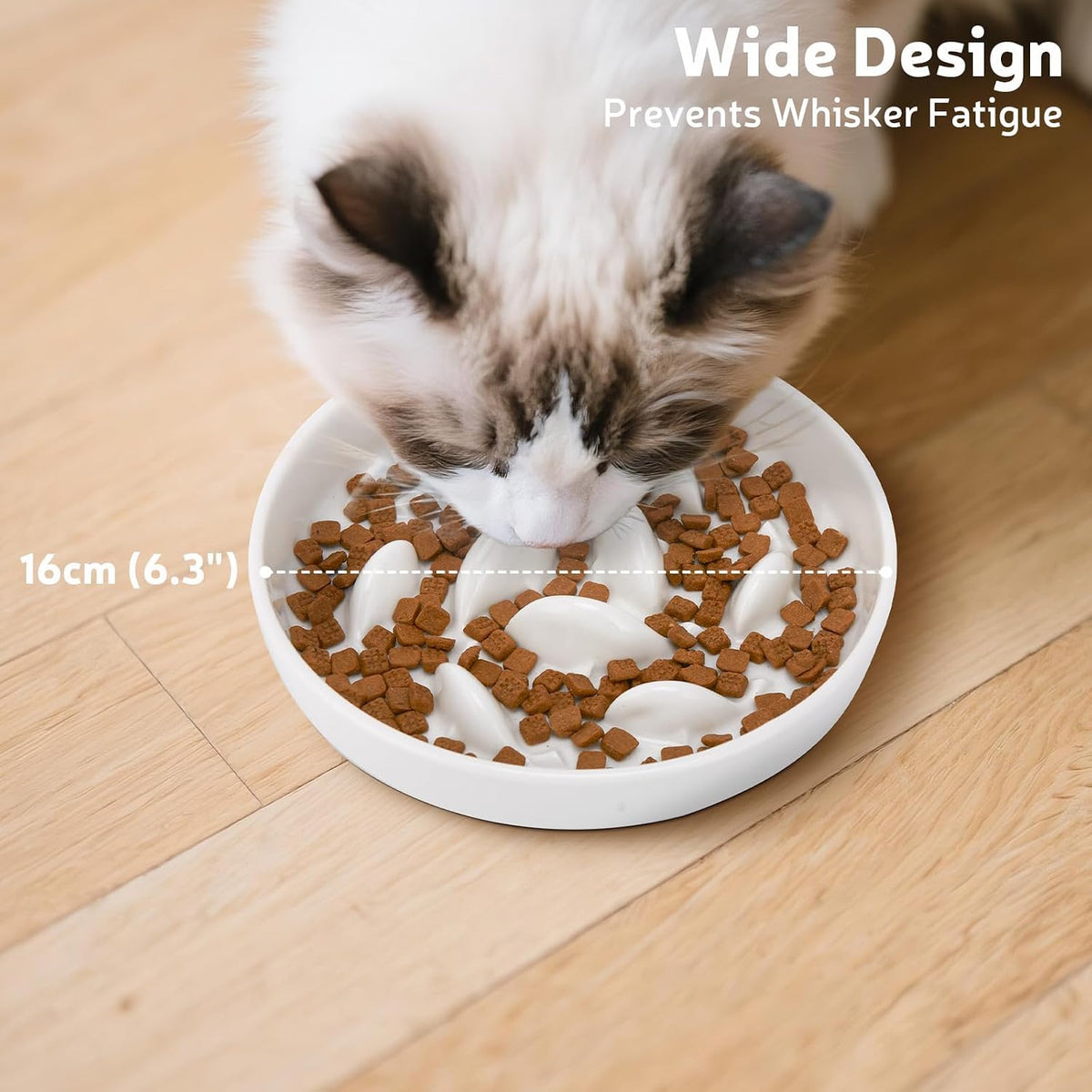 Ceramic Slow Feeder Cat Bowl 6.3" Wide (White)