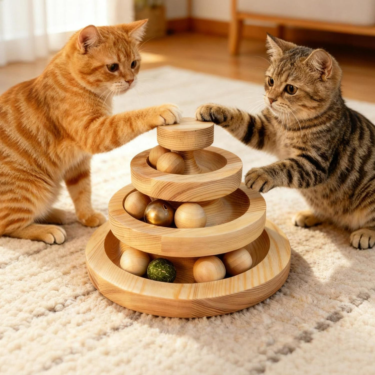 Sisal Cat Scratcher Pad with Wooden Ball Track Toy,Interactive Cat Toys for Kittens & Adult Cats Indoor, Anti-Scratch Furniture Protector for Bored Pet, Cat Enrichment Puzzle