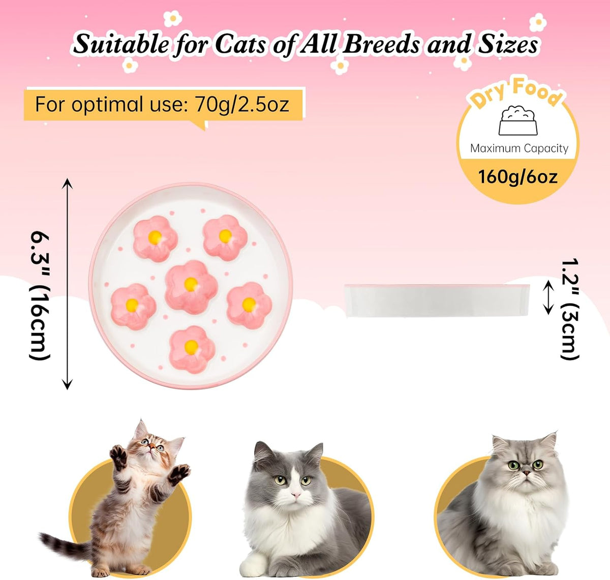 Ceramic Slow Feeder Cat Bowl, 6.3" Whisker Friendly Anti-Vomit, Blush