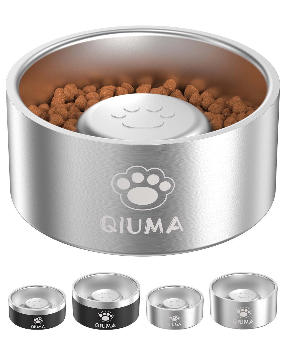 Qiuma Slow Feeder Dog Bowls Stainless Steel, Food-Grade 304 Dog Slow Feeder Bowl 2 Cups Capacity, Heavy Duty Double-Layer with Non-Slip Base, Pet Puzzle Bowl for Small & Medium Dogs (Silver)