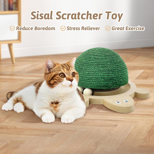 Fhiny Cats Scratching Ball, Natural Sisal Scratching Toy with Roller Track Toys and Wooden Base Kitten Turtle Shape Scratch Post for Indoor Cats Interactive Training Exercise Scratcher for Small Pets