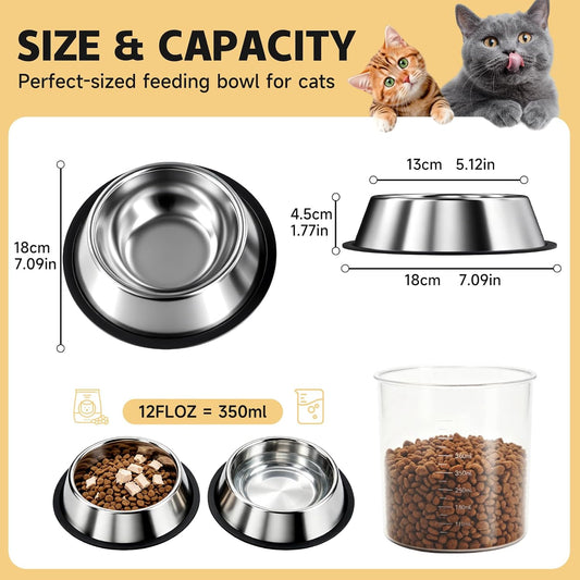 Steel Stainless Metal Cat Dog Pet Food Water Shallow Dish Bowl, 2Pcs