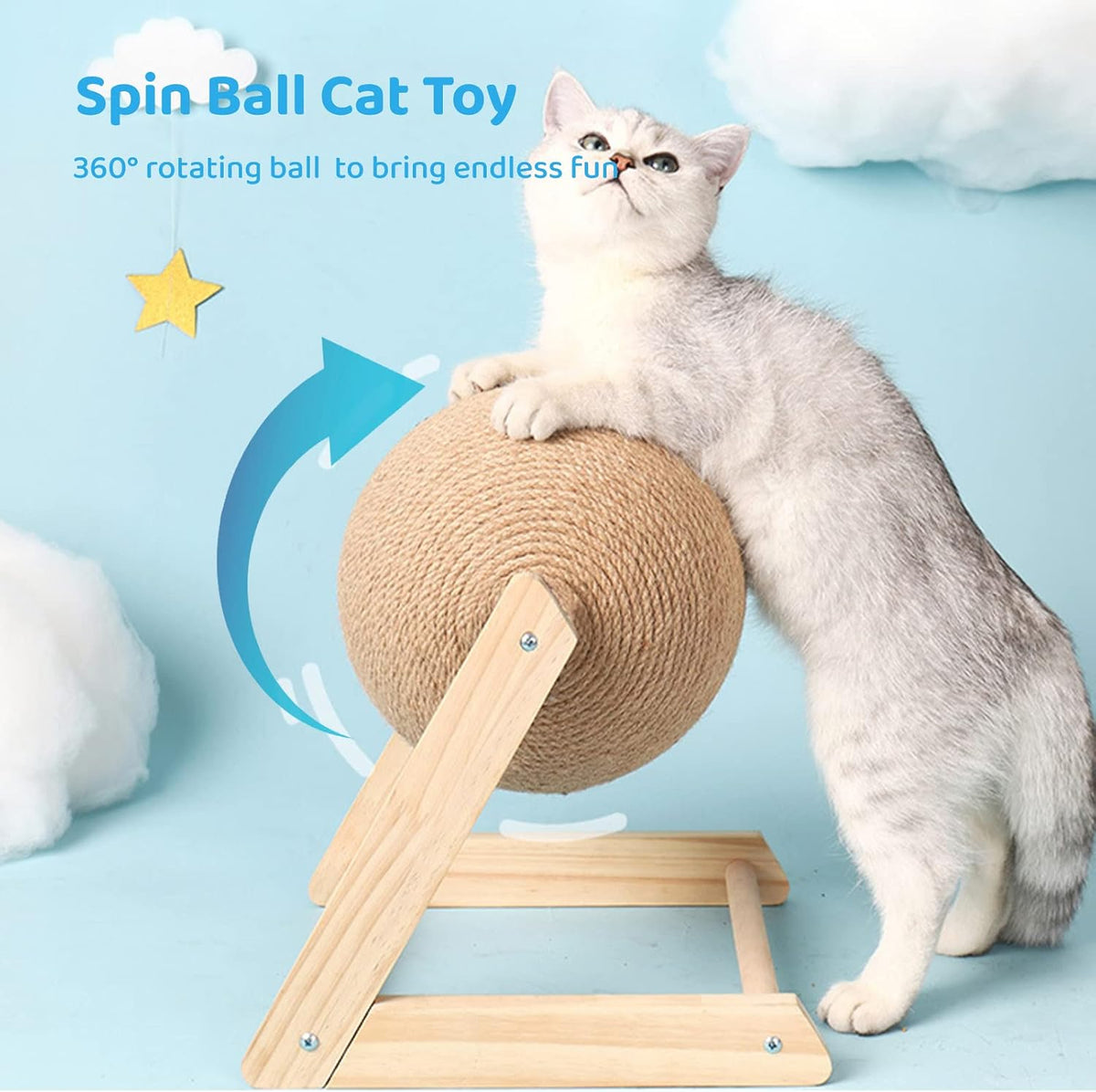 BATTIPAW Cat Scratcher Spinning Ball, Sisal & Wood