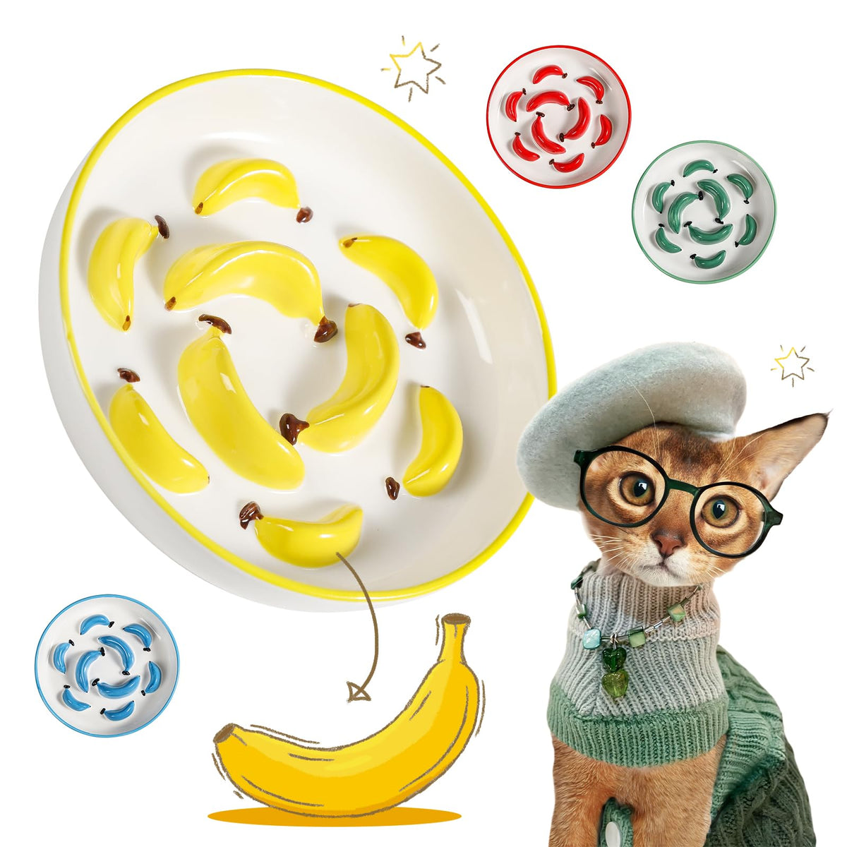 Ceramic Slow Feeder Cat Bowl, 6.3'' Wide Whisker Friendly Cat Puzzle Feeder