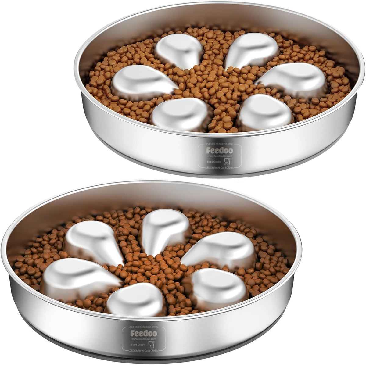 Feedoo Elevated Dog Bowl Stand, 6'' Height Raised Stand for Medium Dogs, Includes 2Cups Stainless Steel Slow Feeder Dog Bowl, Durable Solid Hardwood