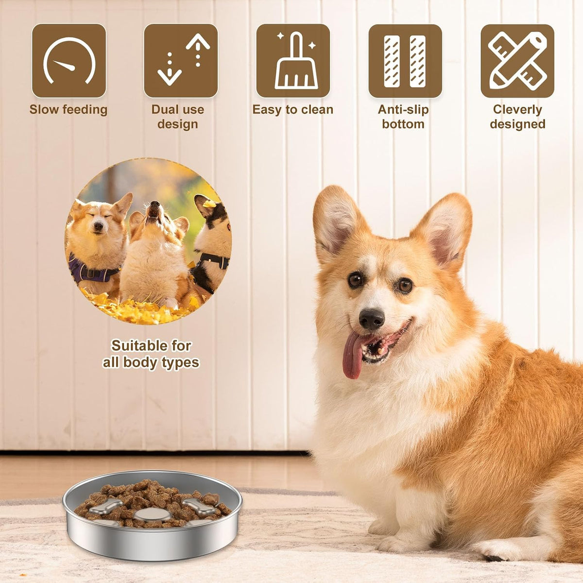 2 Pcs 304 Stainless Steel Slow Feeder Dog Bowls with Non-Slip Base 2.5 Cups