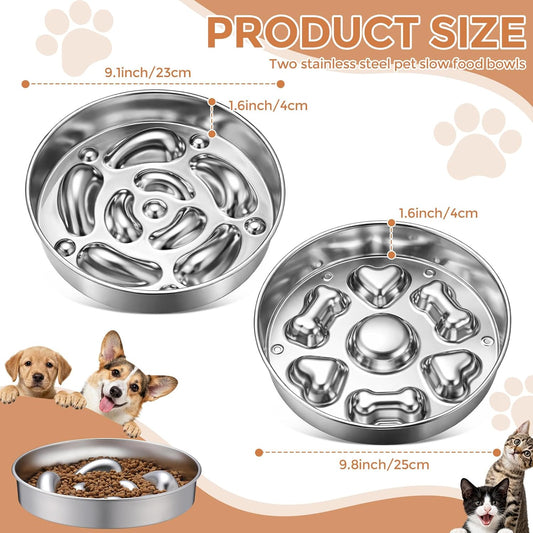 2 Pack Stainless Steel Slow Feeder Dog Bowls, 3 Cups Large