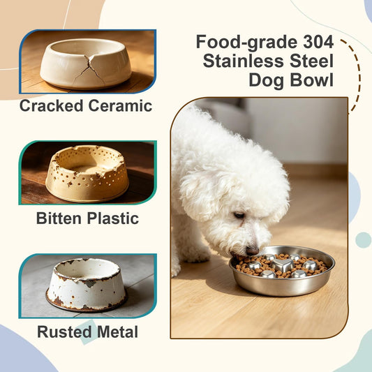 304 Stainless Steel Slow Feeder Dog Bowl with Cleaning Kit for Medium Dogs