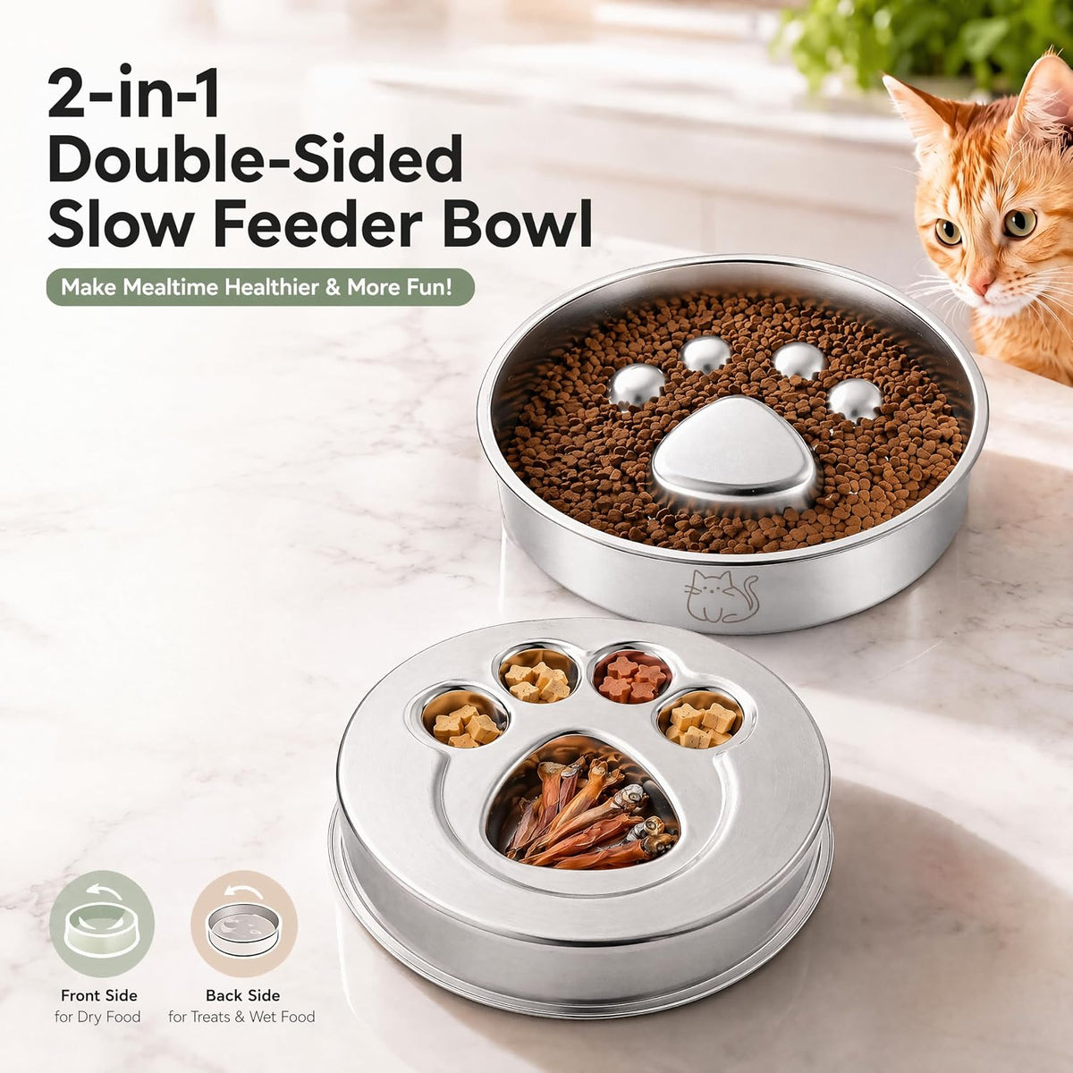 Stainless Steel 2‑in‑1 Double‑Sided Slow Feeder Cat Bowl
