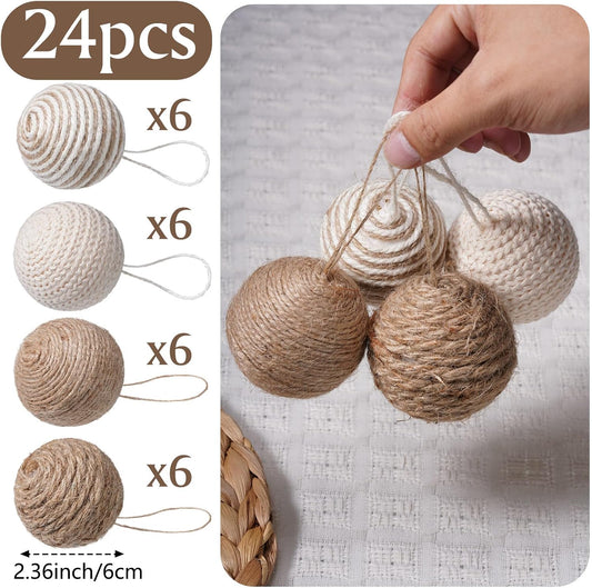 Soulchen 24 Pcs Christmas Ball Ornaments Jute Rope, White,Linen