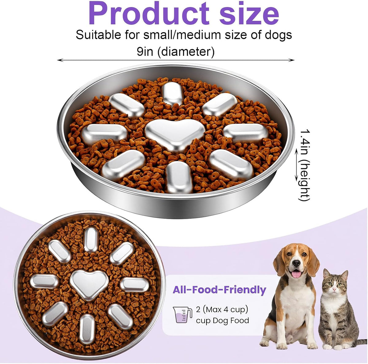 2 Pcs Stainless Steel Slow Feed Dog Bowl with Non-Slip Mat