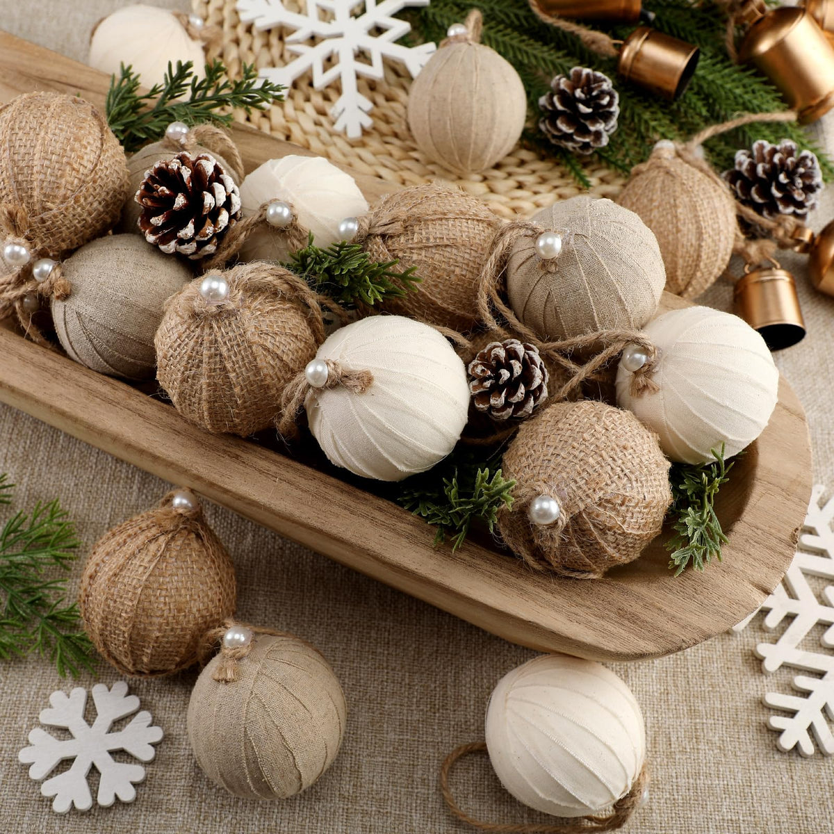 Syhood 12 Pcs Burlap Christmas Ornaments 2.36 Inch Farmhouse Rustic Balls
