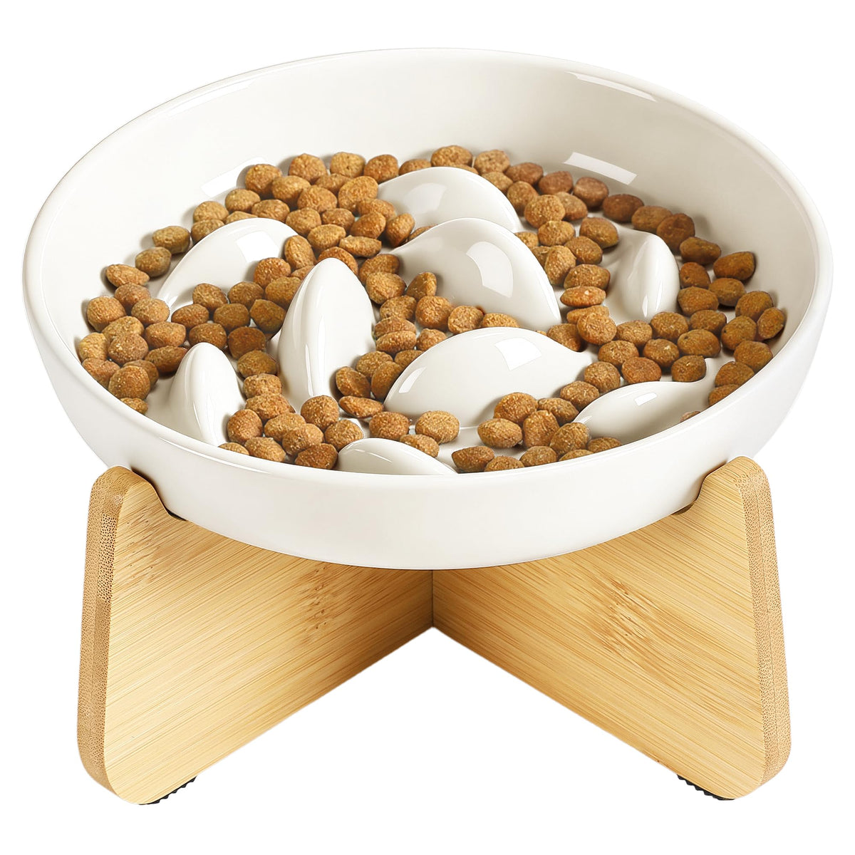 PETTOM Slow Feeder Cat Bowl Elevated Ceramic with Bamboo Stand, White Fish