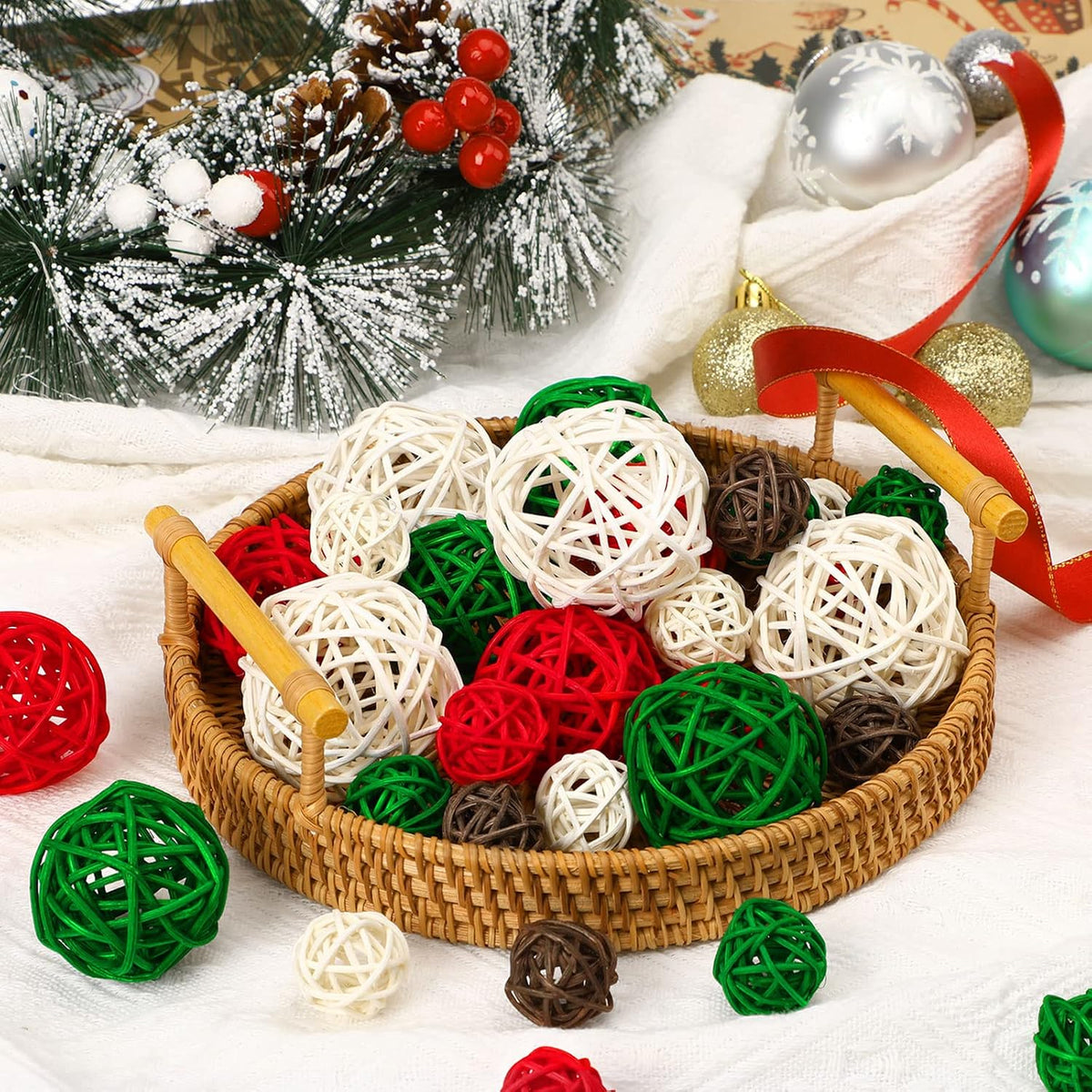 SANNIX 40Pcs Christmas Decorations Rattan Wicker Balls Hanging Ornaments Vase Bowl Fillers for Wedding Christmas Party Home Decor Table Tree Decorations