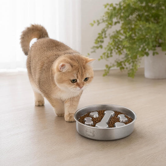 Stainless Steel 2‑in‑1 Double‑Sided Slow Feeder Cat Bowl