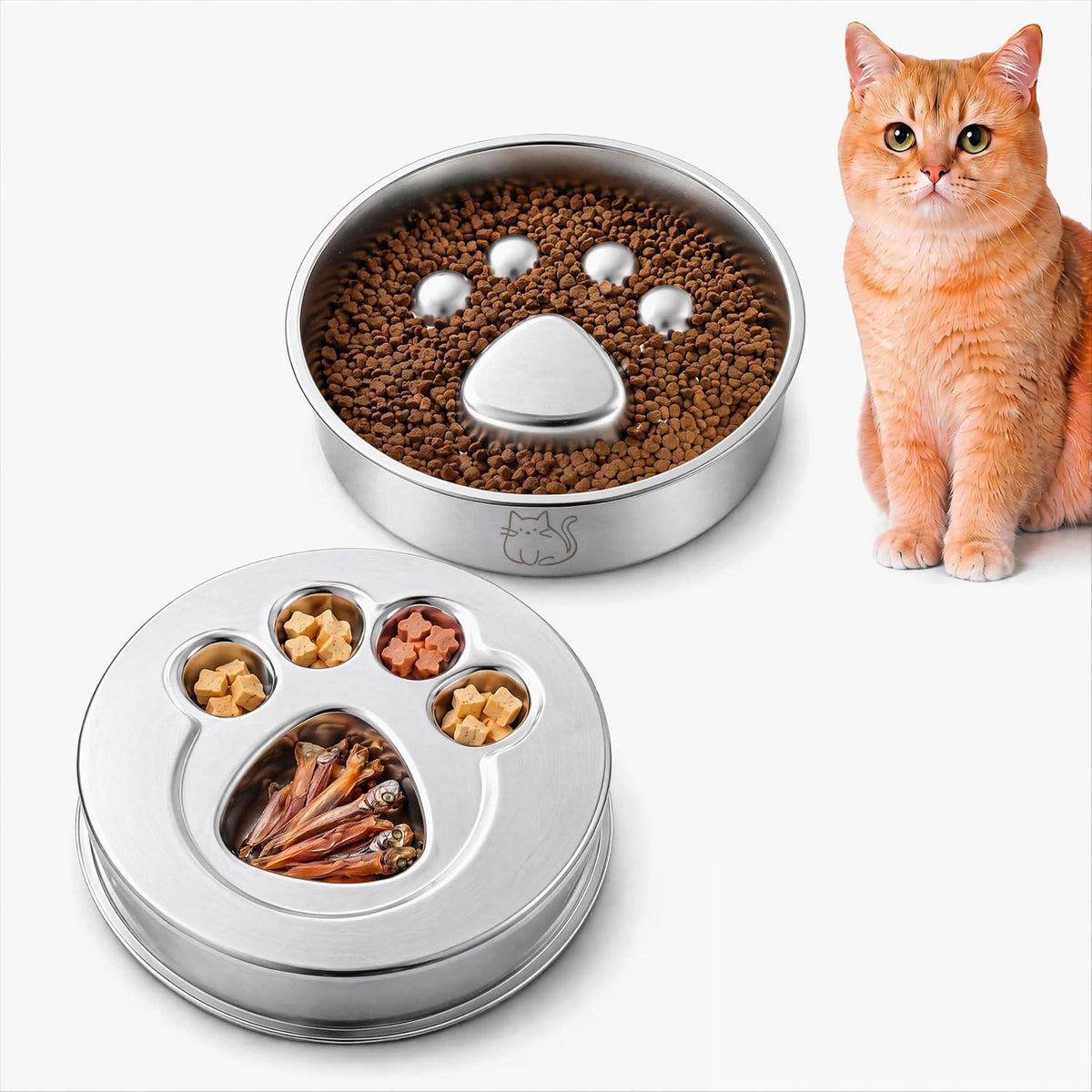 Stainless Steel 2‑in‑1 Double‑Sided Slow Feeder Cat Bowl
