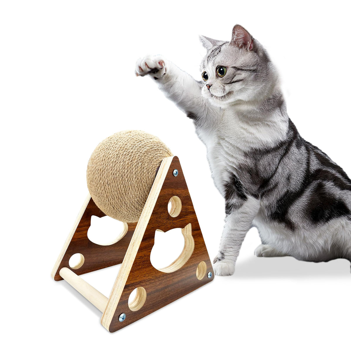 Cat Scratcher Toy,Natural Sisal Rope Cat Scratching Ball Scratcher Toy with Ball for Cats& Kittens&Dogs&Puppy, Interactive Solid Wood Scratcher Pet Toy (Small)