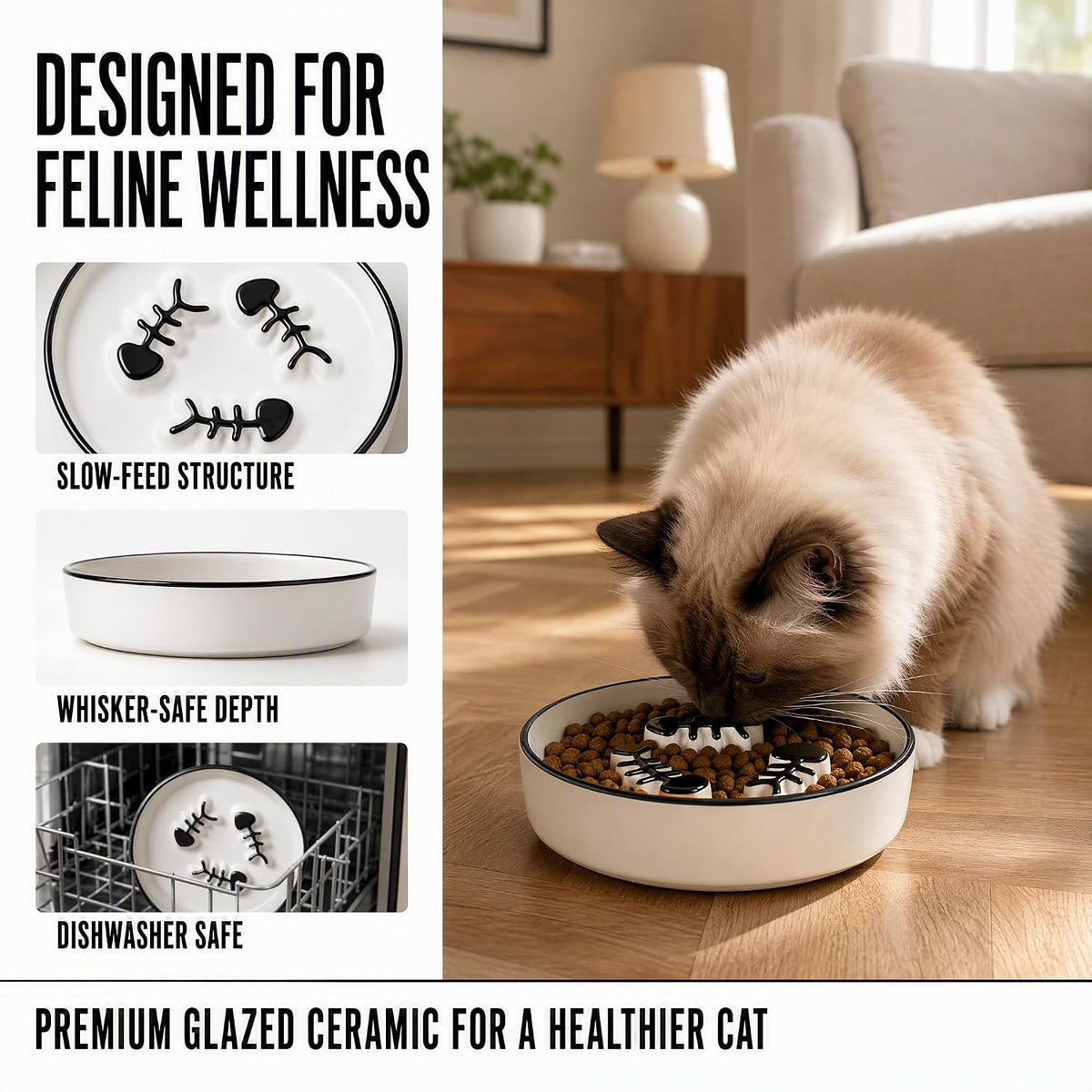 Shallow Ceramic Cat Slow Feeder Bowls, Anti-Vomit Food Plates for Whisker Fatigue Relief, Dishwasher Safe, Anti-Acne, Black Chin Prevention,Cat Slow Feeder Bowls for Dry and Wet Food, Easy Daily Use