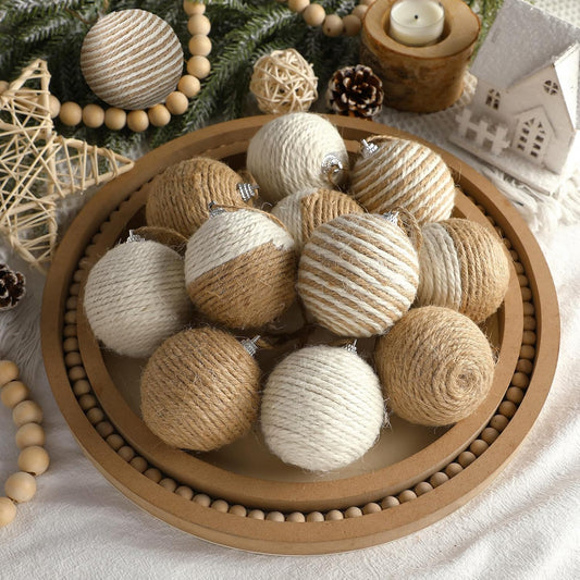 12 Pcs Neutral Burlap Christmas Ball Ornament 2.4 Inch Farmhouse Boho Jute Rope Woven Xmas Baubles Rustic Modern Natural Christmas Decorations for Home Tree Wreath Holiday Rattan Decor