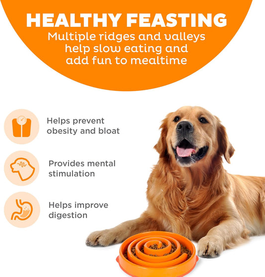 Outward Hound Fun Feeder Slo Bowl – Large 4‑Cup Capacity, Slow Feeding, Medium to Large Dogs, Non‑Slip, Orange, Swirl Pattern