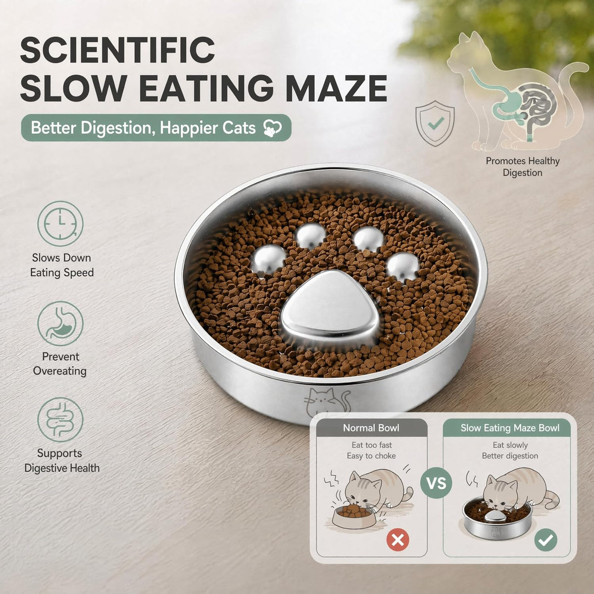 Stainless Steel 2‑in‑1 Double‑Sided Slow Feeder Cat Bowl