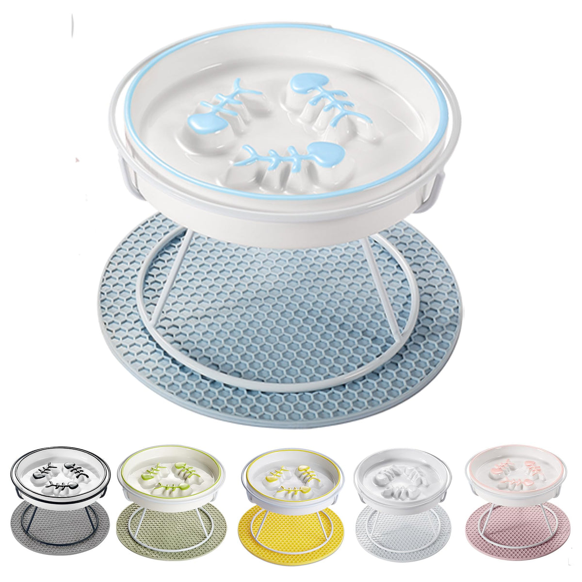 Ceramic Elevated Cat Bowls Set, Anti Vomit, Removable Dishes, Pink & Blue