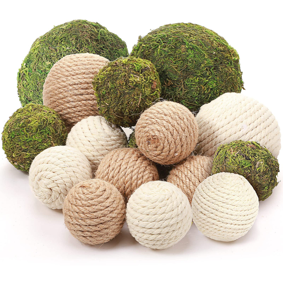 Jetec 18 Pcs Decorative Balls for Centerpiece Bowls Green Moss Balls and Rope Cord Bowl Fillers for Home Vase Garden Wedding Farmhouse Rustic Party Table Decor(Simple Style)