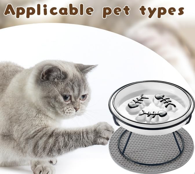 Ceramic Elevated Cat Bowls Set, Anti Vomit, Removable Dishes, Black 2-Pack