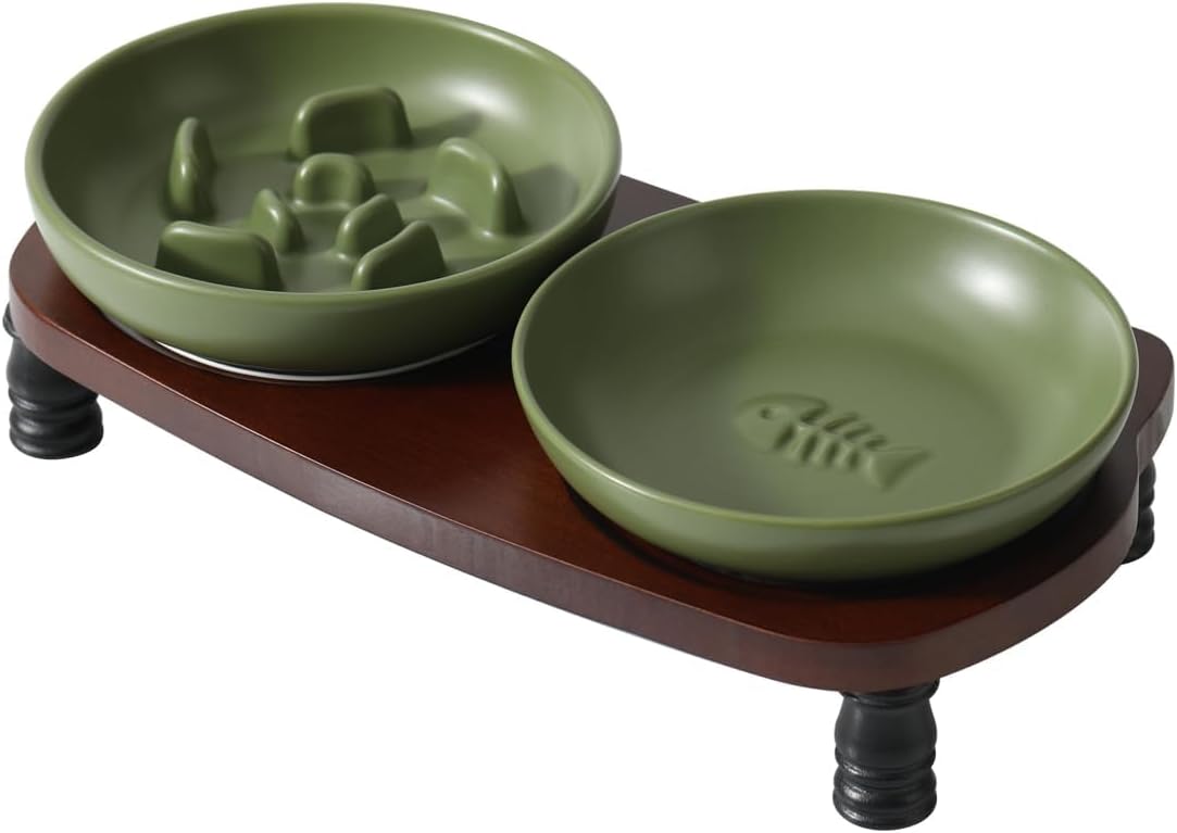 Cute 3 in 1 Ceramic Elevated Cat Bowl Stand, Raised Slow Feeder Cat Bowl