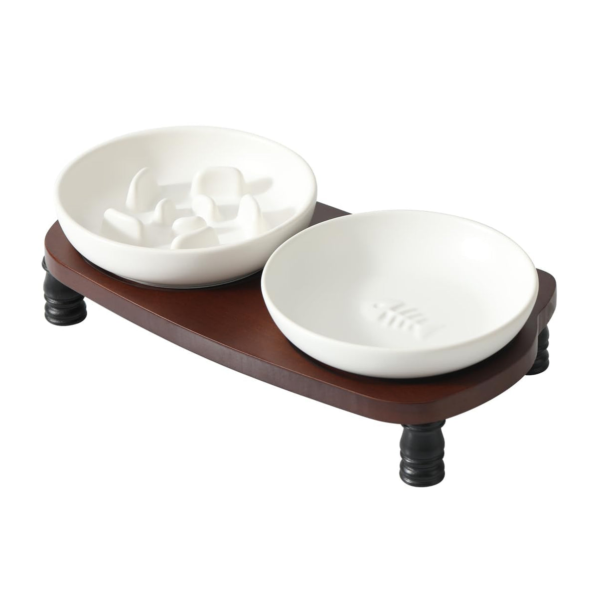 Cute 3 in 1 Ceramic Elevated Cat Bowl Stand, Raised Slow Feeder Cat Bowl